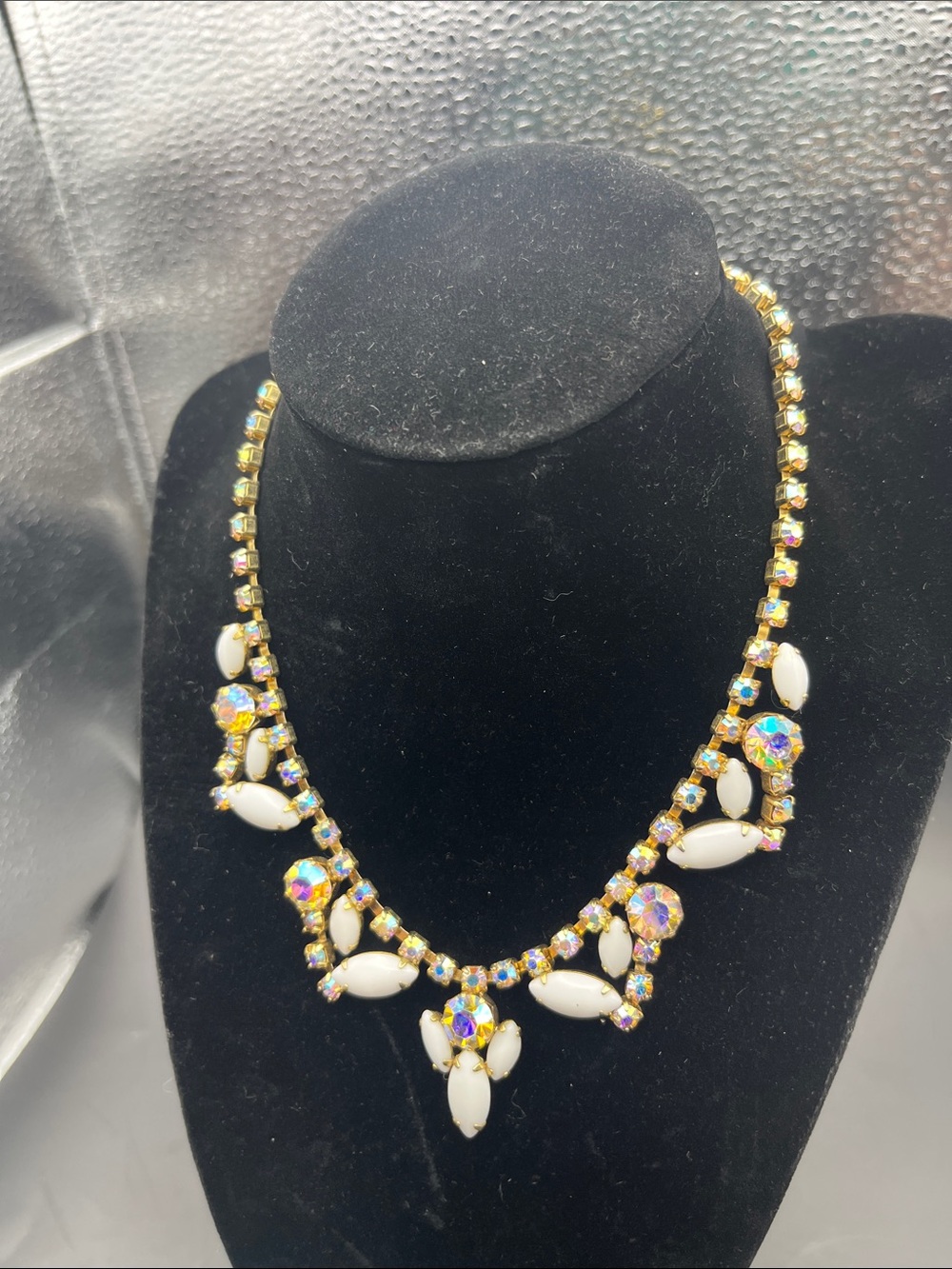 Vintage Gold-Tone White Crystal Statement Necklace - bridal 50s formal